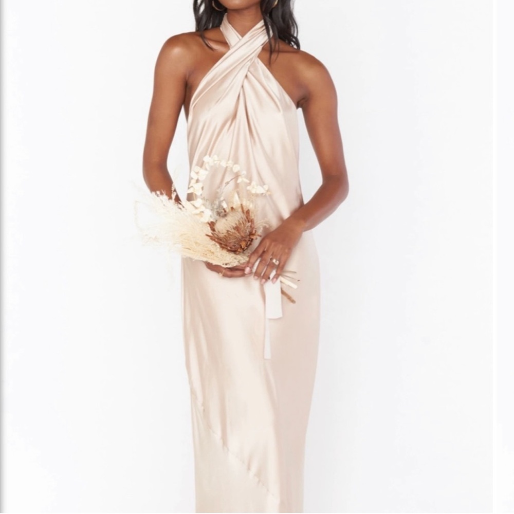 Show Me Your Mumu Jasmine Halter Dress Champagne Luxe Satin XS